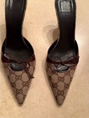 Gucci Brown GG Canvas Pointed Mules with Bow Trim
